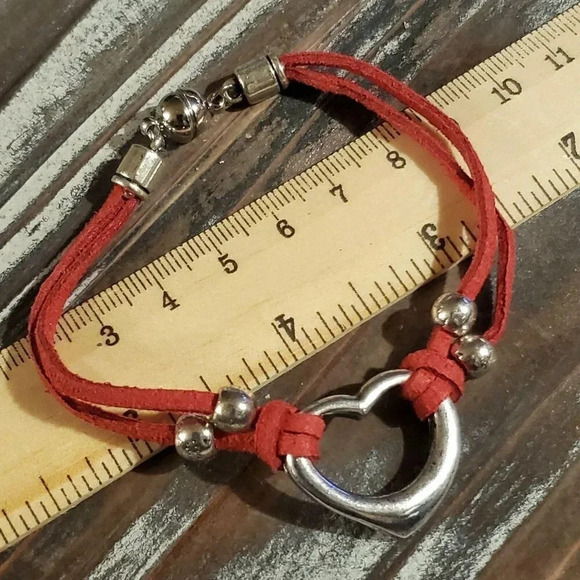 Silver Red Vegan Suede Open Heart Bracelet - Picture 5 of 8
